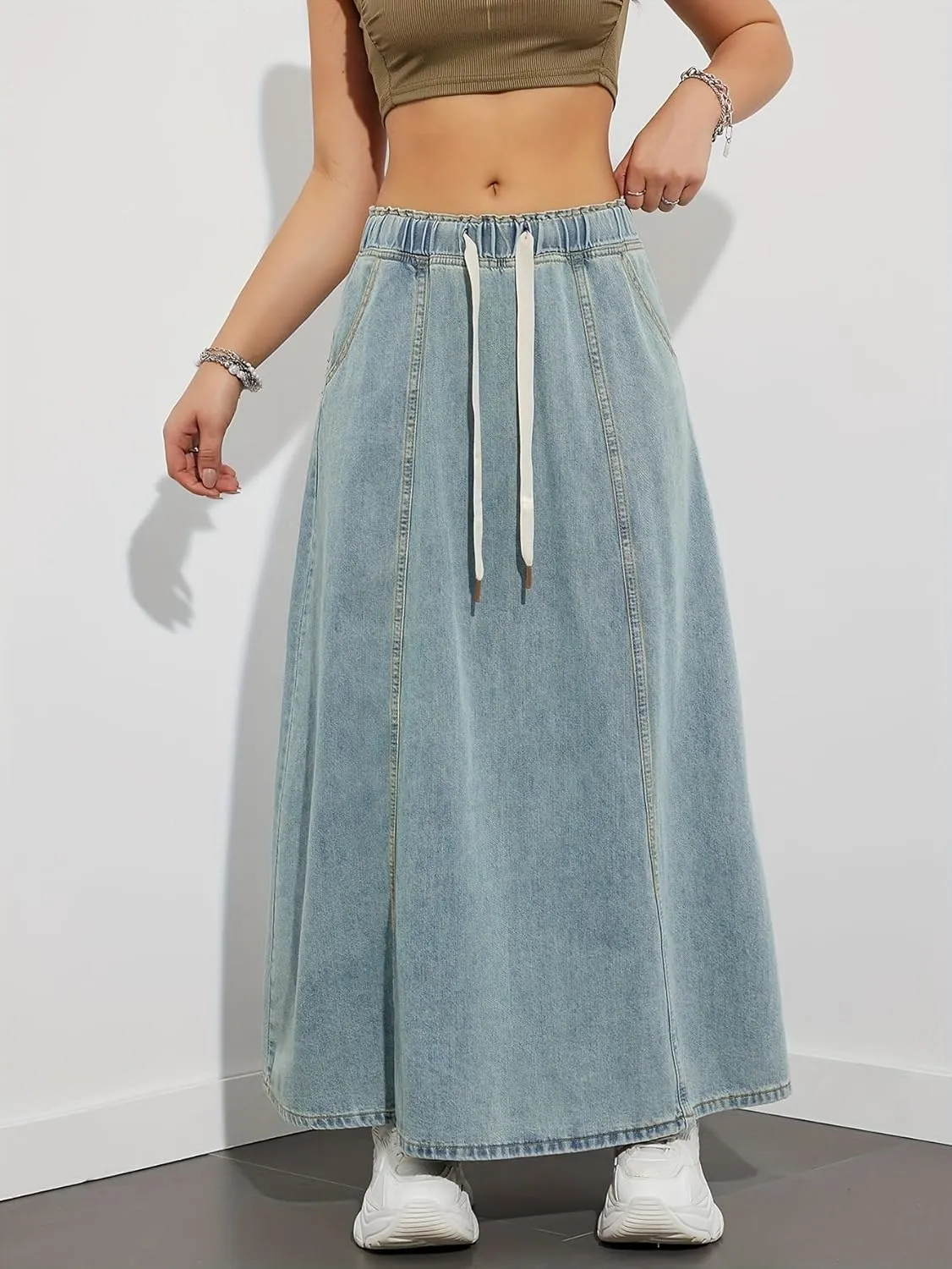 Ru Sweet Women's Casual Elastic Waist Maxi Denim Skirt High Rise A-Line Swing Long Jean Skirts with Pockets