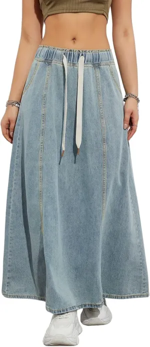 Ru Sweet Women's Casual Elastic Waist Maxi Denim Skirt High Rise A-Line Swing Long Jean Skirts with Pockets