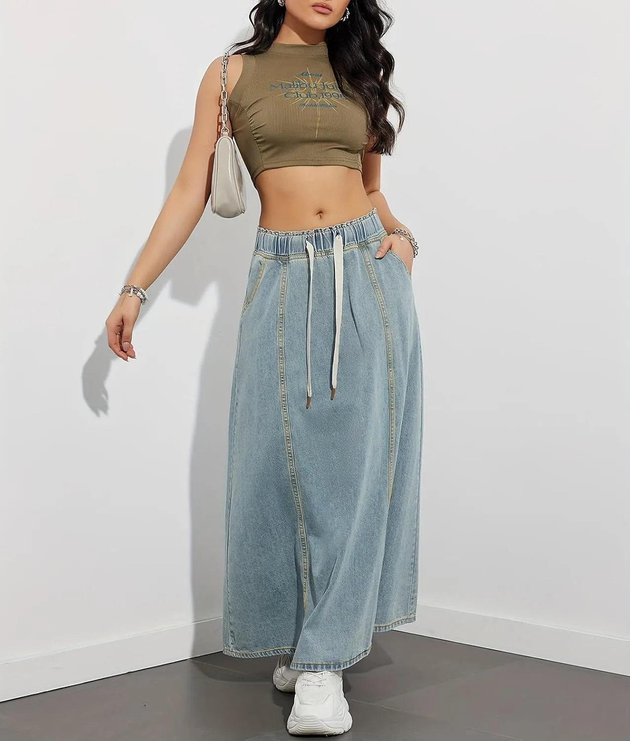 Ru Sweet Women's Casual Elastic Waist Maxi Denim Skirt High Rise A-Line Swing Long Jean Skirts with Pockets