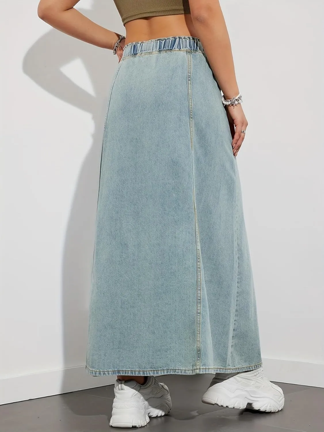 Ru Sweet Women's Casual Elastic Waist Maxi Denim Skirt High Rise A-Line Swing Long Jean Skirts with Pockets