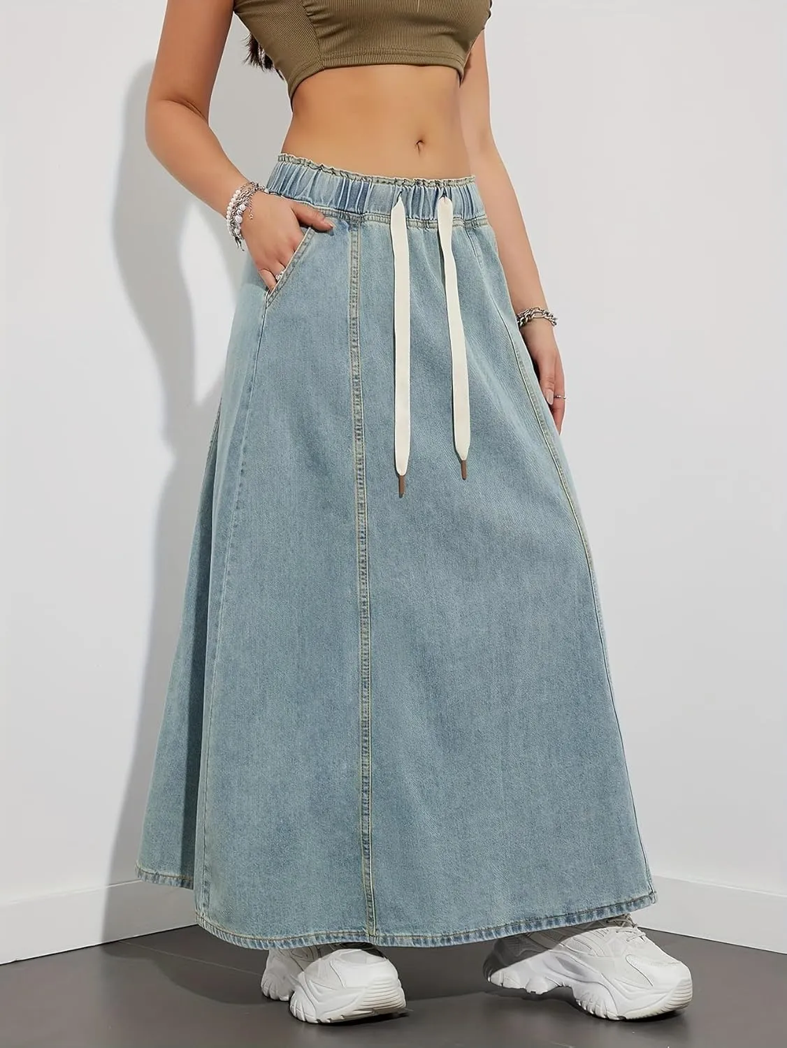Ru Sweet Women's Casual Elastic Waist Maxi Denim Skirt High Rise A-Line Swing Long Jean Skirts with Pockets