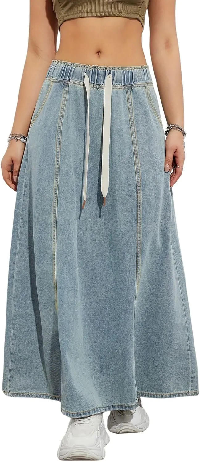 Ru Sweet Women's Casual Elastic Waist Maxi Denim Skirt High Rise A-Line Swing Long Jean Skirts with Pockets