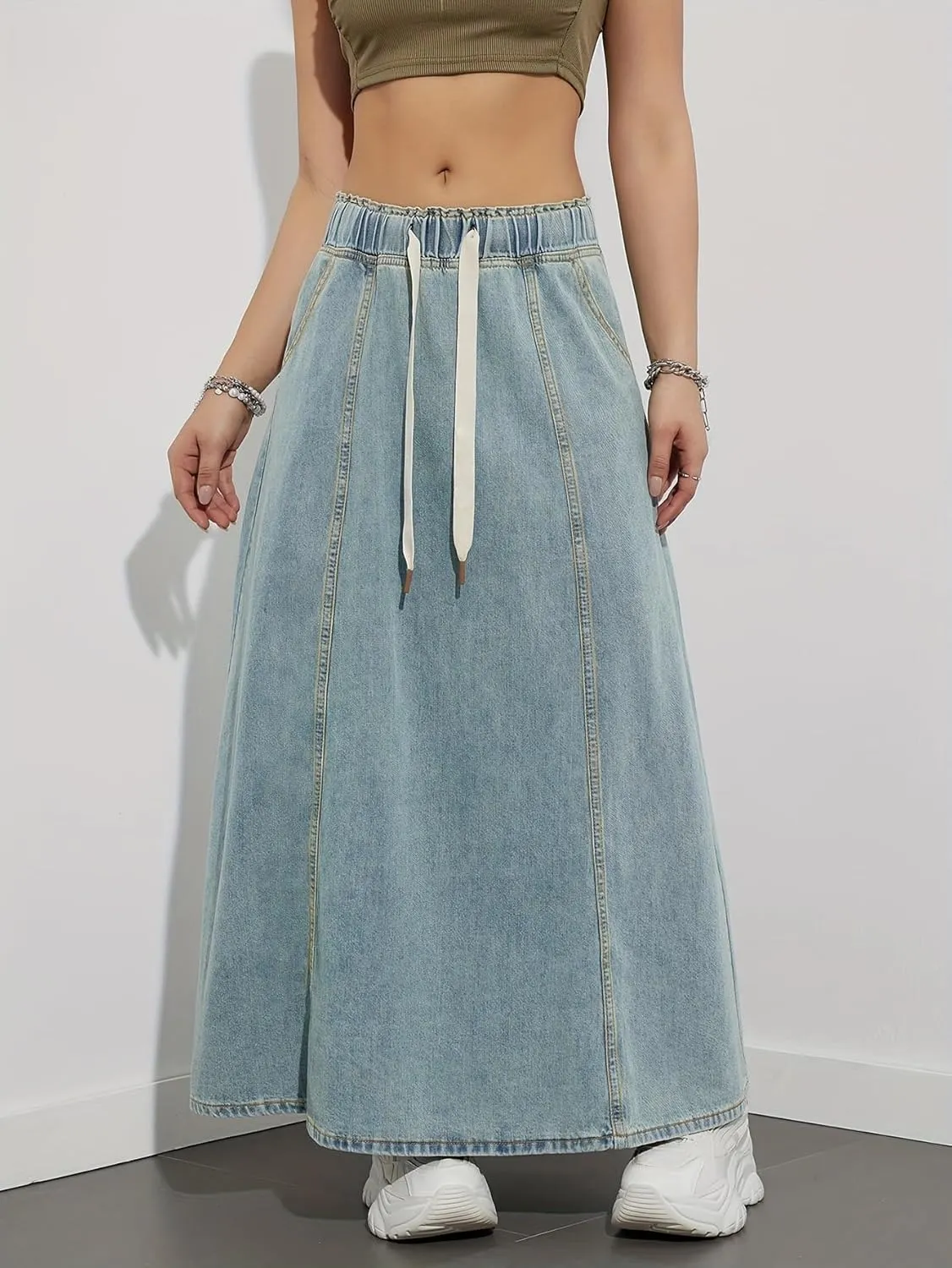 Ru Sweet Women's Casual Elastic Waist Maxi Denim Skirt High Rise A-Line Swing Long Jean Skirts with Pockets