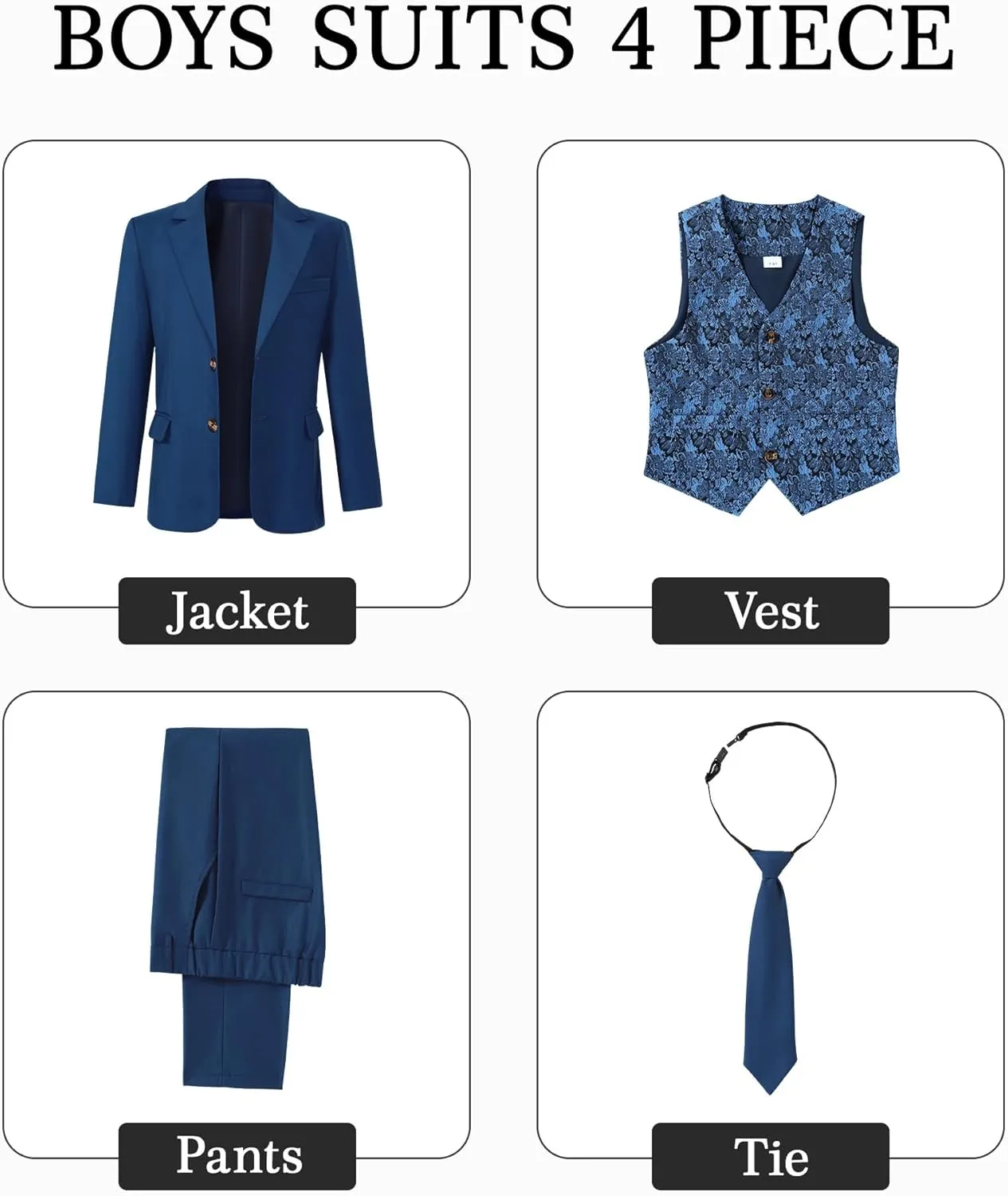 SANMIO Boys Suit 4 Piece Slim Fit Boys Suits Jacket Vest Pants Tie for Kids Suits Sets Boy Formal Tuxedo Set