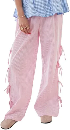 Sastianaen Women Y2K Striped Long Pants with Bow Tie Side Slit Wide Leg Lounge Pants in Gingham Pattern with Pockets