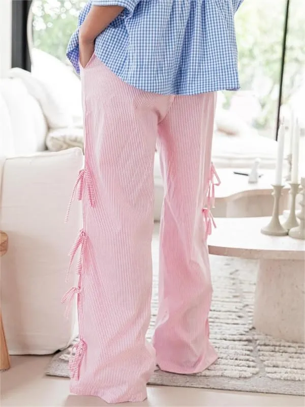 Sastianaen Women Y2K Striped Long Pants with Bow Tie Side Slit Wide Leg Lounge Pants in Gingham Pattern with Pockets