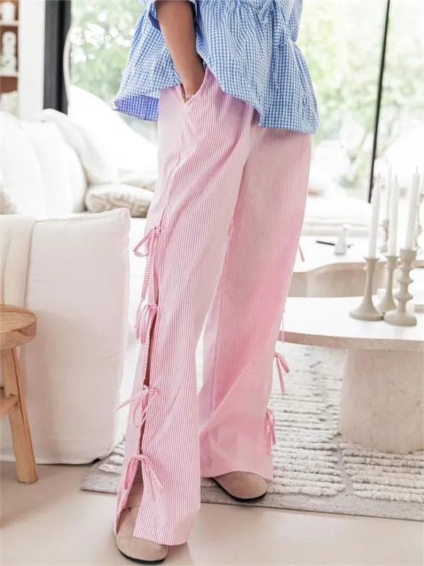 Sastianaen Women Y2K Striped Long Pants with Bow Tie Side Slit Wide Leg Lounge Pants in Gingham Pattern with Pockets