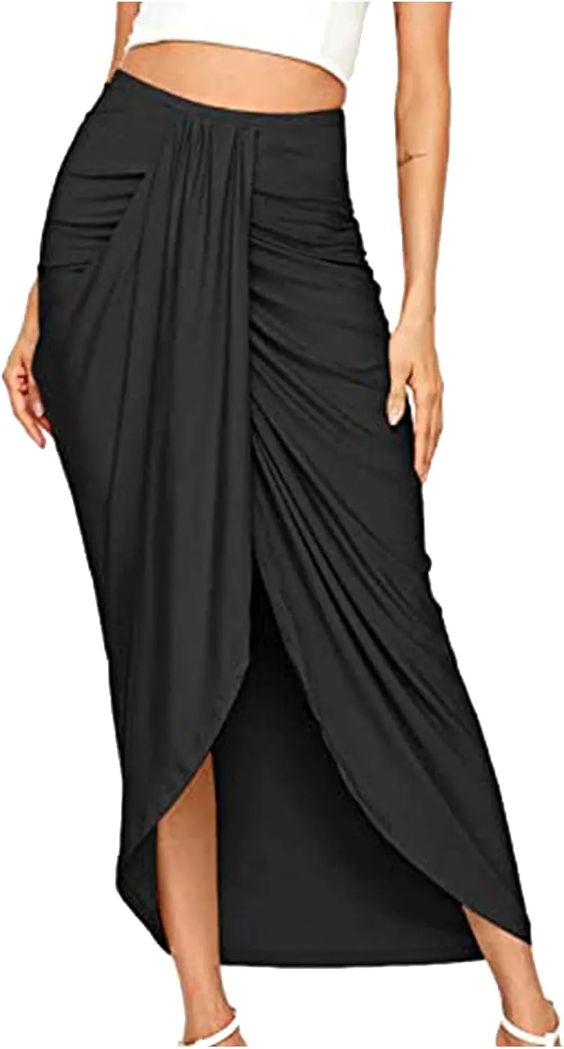 SERYU Women's Casual Slit Wrap Asymmetrical Elastic High Waist Maxi Draped Skirt