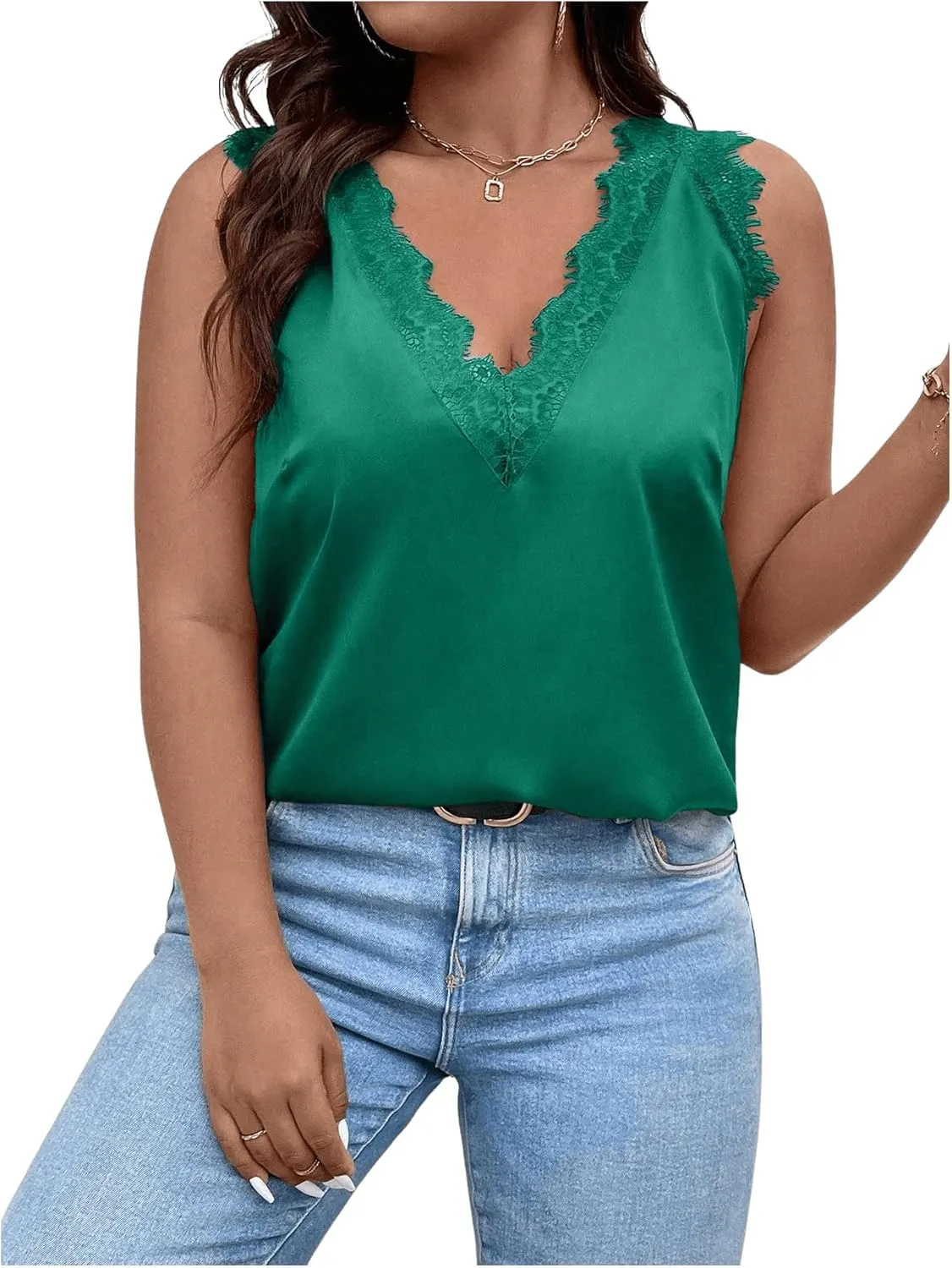 SHENHE Women's Plus Size Lace Trim V Neck Sleeveless Satin Loose Tank Elegant Top Shirt