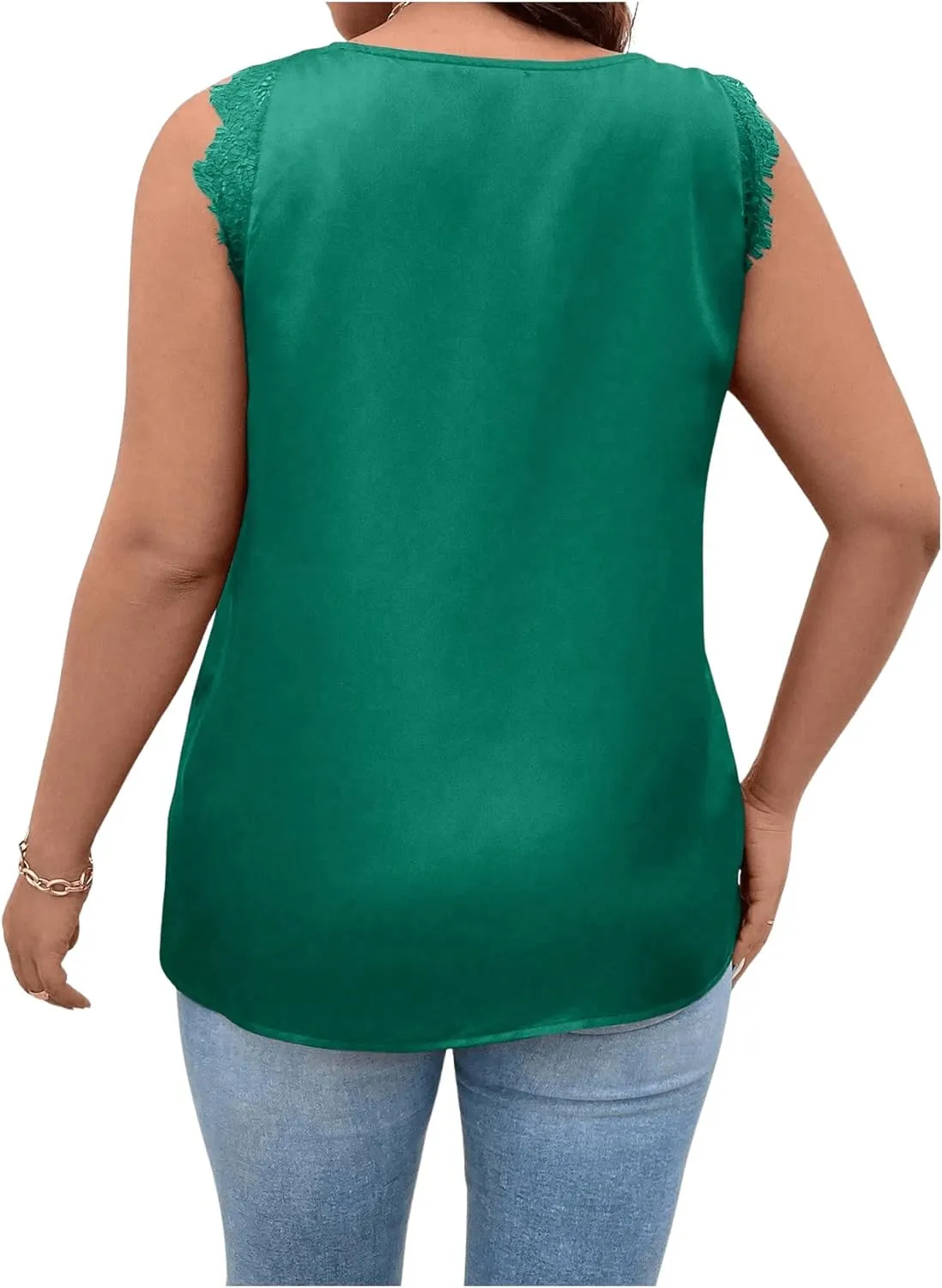 SHENHE Women's Plus Size Lace Trim V Neck Sleeveless Satin Loose Tank Elegant Top Shirt