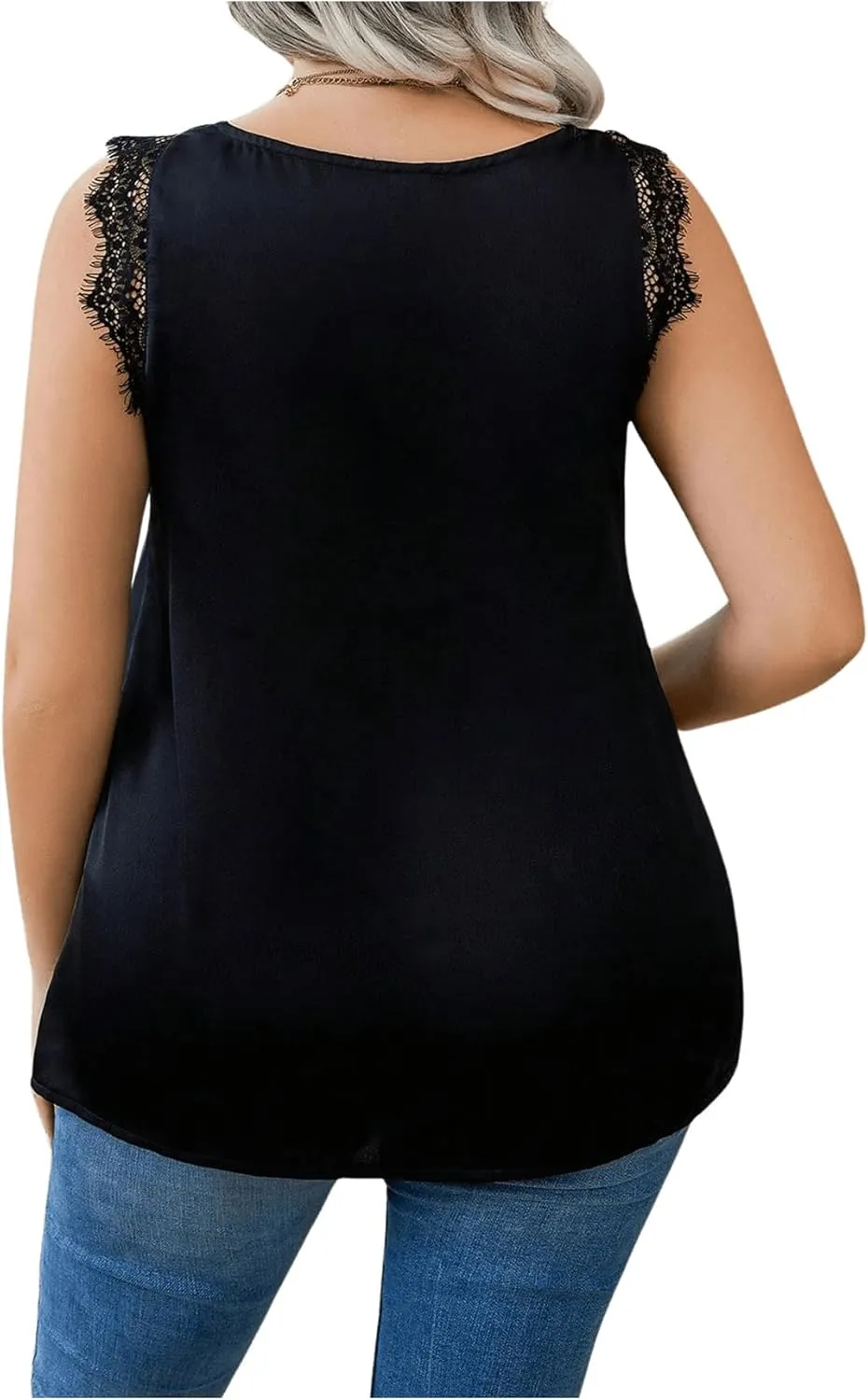 SHENHE Women's Plus Size Lace Trim V Neck Sleeveless Satin Loose Tank Elegant Top Shirt