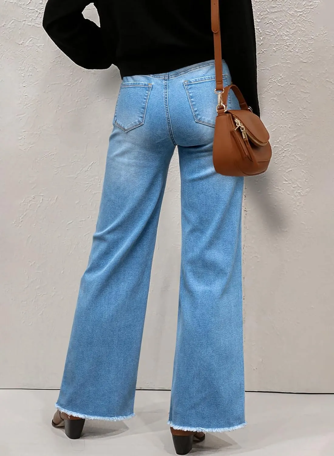 Sidefeel Women's Wide Leg Jeans High Waisted Stretchy Baggy Raw Hem Button Denim Pants