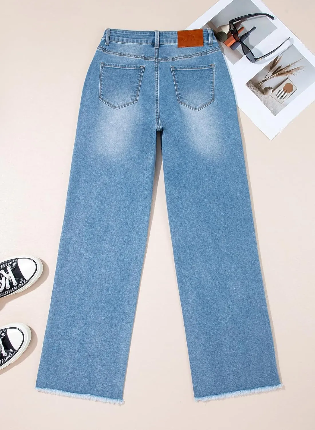 Sidefeel Women's Wide Leg Jeans High Waisted Stretchy Baggy Raw Hem Button Denim Pants
