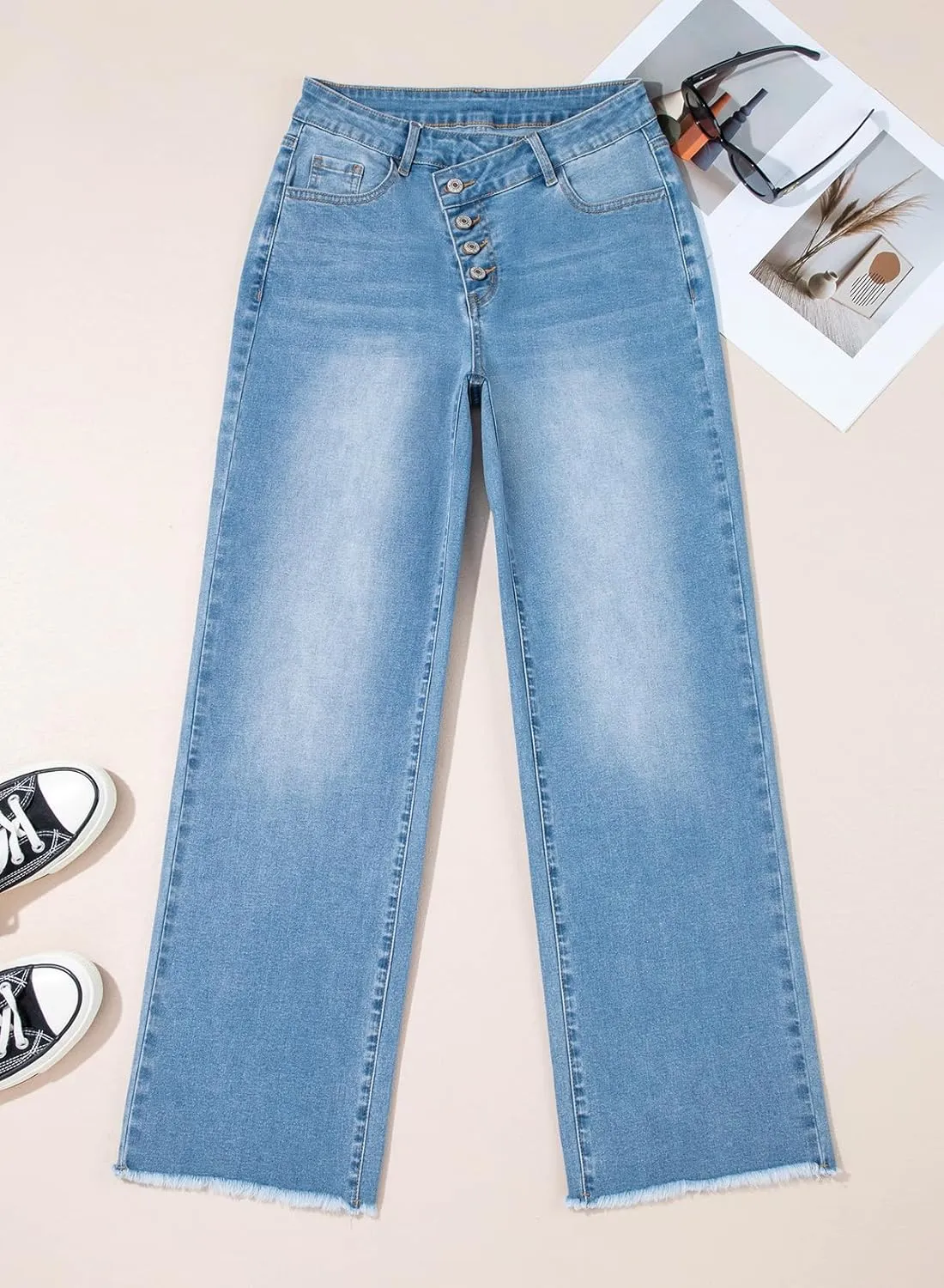 Sidefeel Women's Wide Leg Jeans High Waisted Stretchy Baggy Raw Hem Button Denim Pants