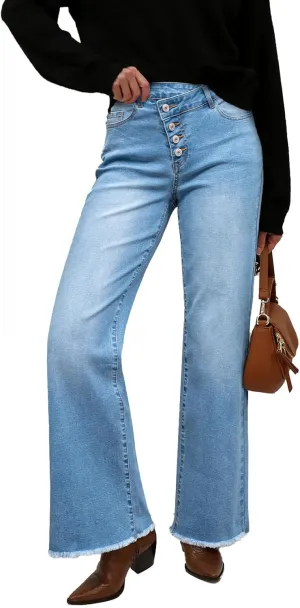 Sidefeel Women's Wide Leg Jeans High Waisted Stretchy Baggy Raw Hem Button Denim Pants