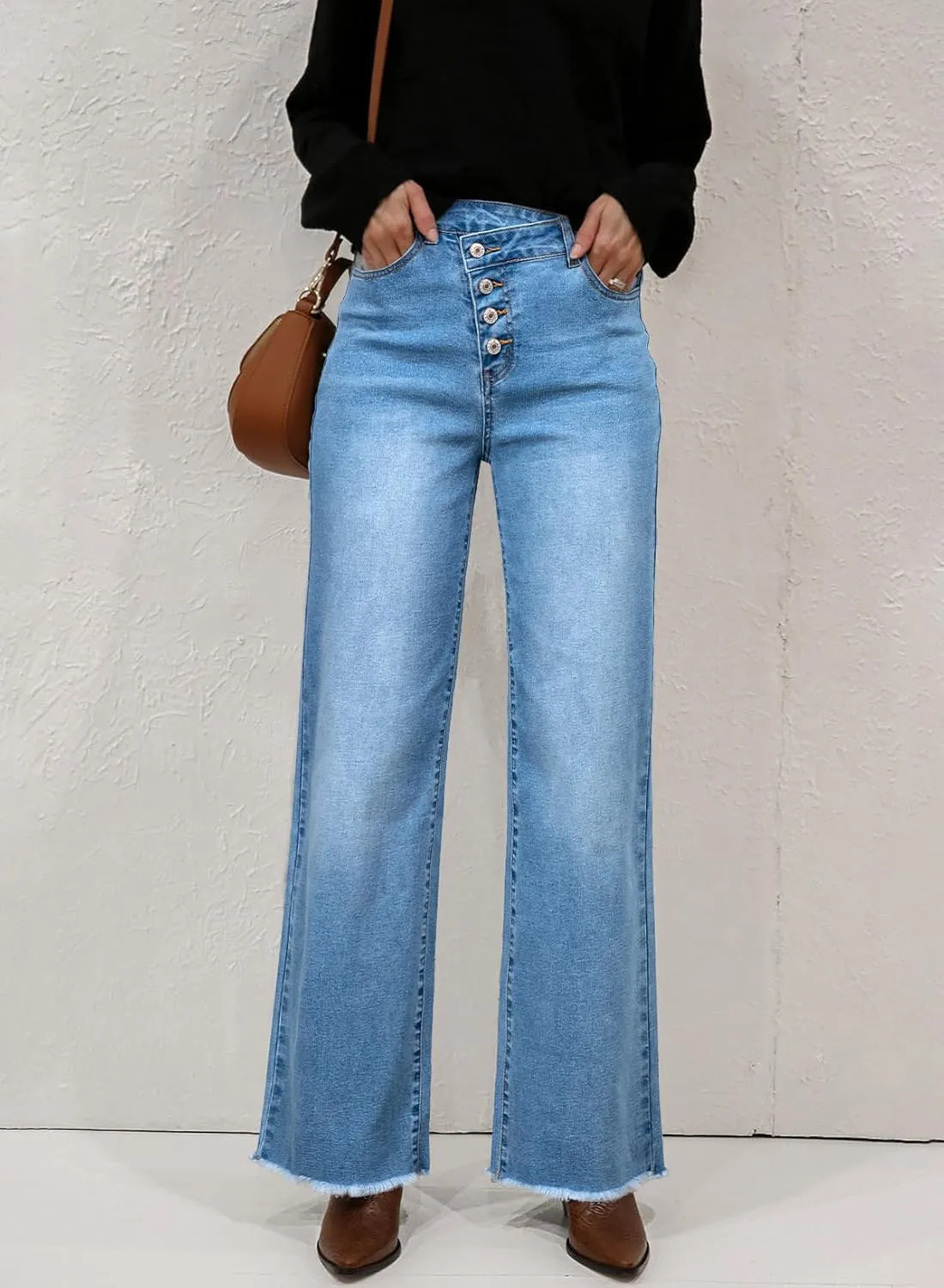 Sidefeel Women's Wide Leg Jeans High Waisted Stretchy Baggy Raw Hem Button Denim Pants
