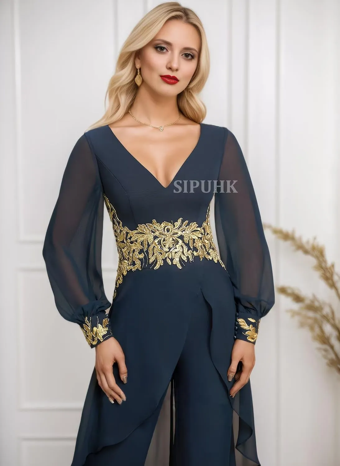 SIPUHK 2 PCs Pant Suits for Women Dressy Gold Applique Outfit Chiffon Long Sleeve Mother of The Bride Pantsuit for Wedding