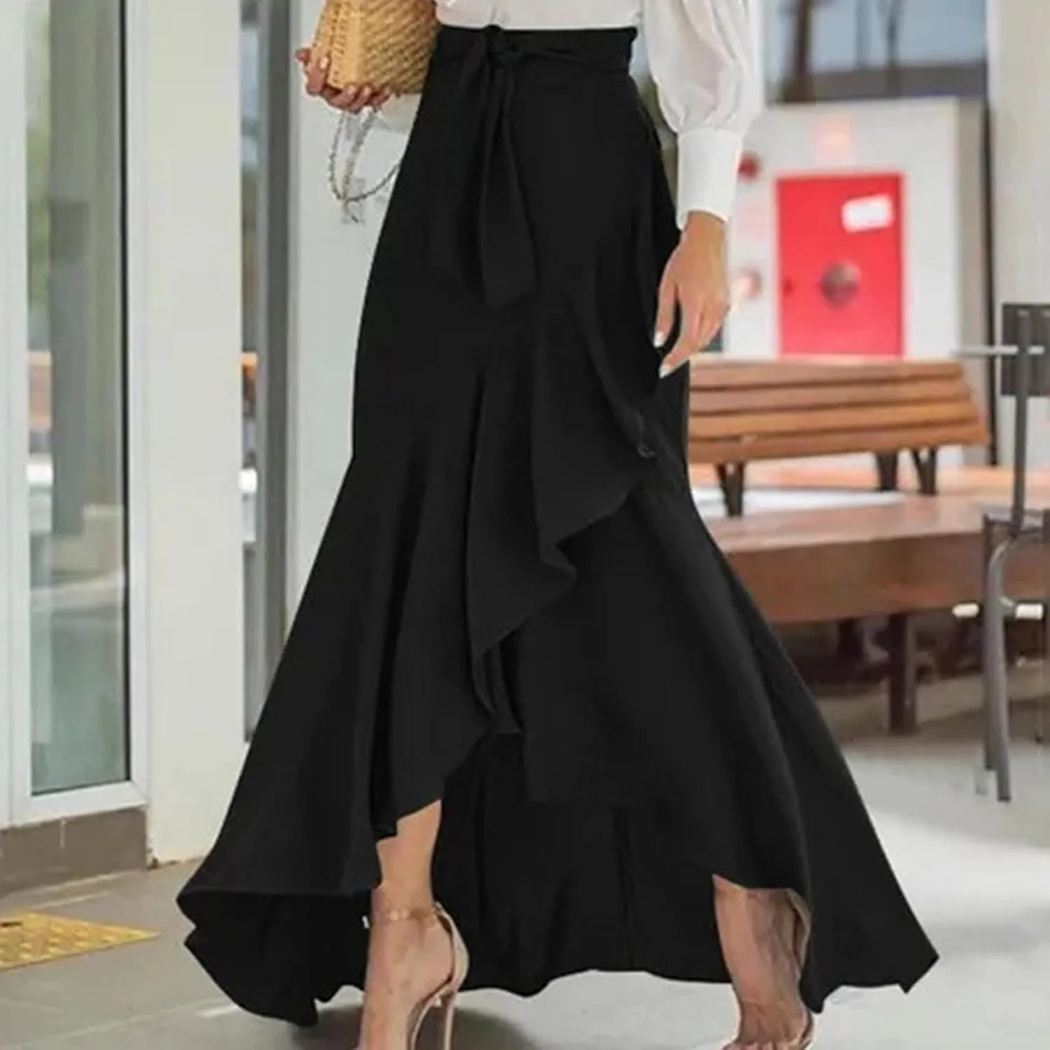 Skirts for Women Flowy Long Skirts High Waist Irregular Hem Skirt Plus Size A Line Maxi Skirts Solid Plaid Skirt