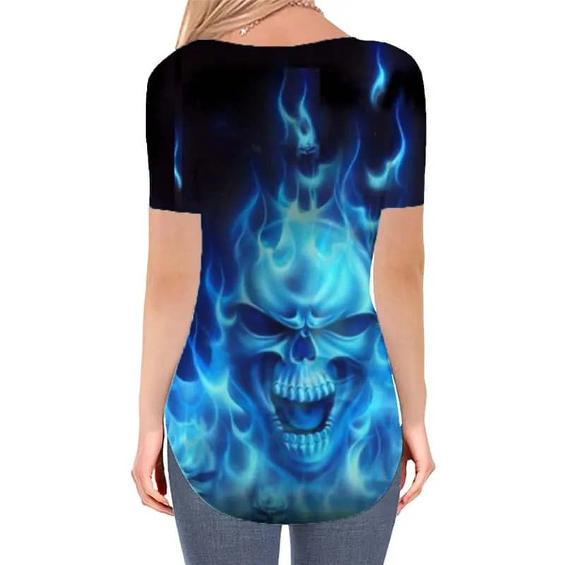 Skull T Shirt Women Punk V-neck Tshirt Blue Funny T shirts Flame T-shirts 3d