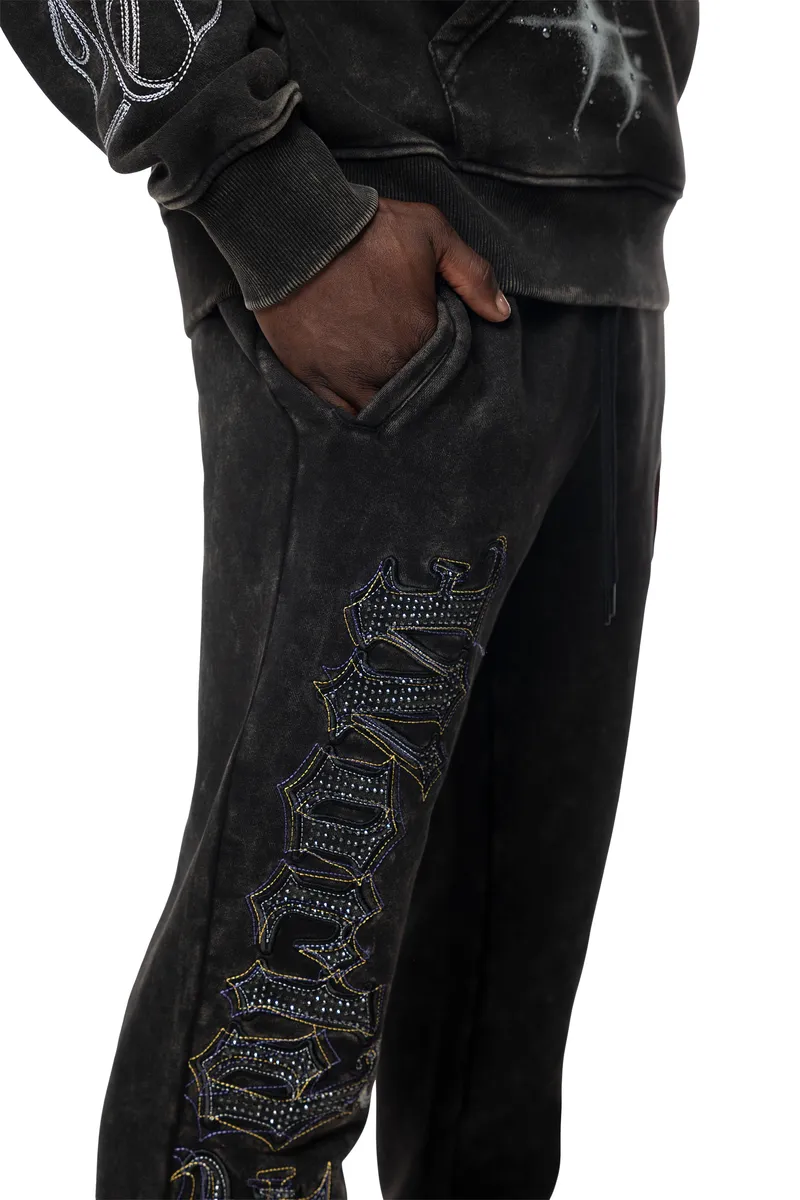 Smoke Rise - Rhinestone Dystopia Fleece Stacked Pants (Black)