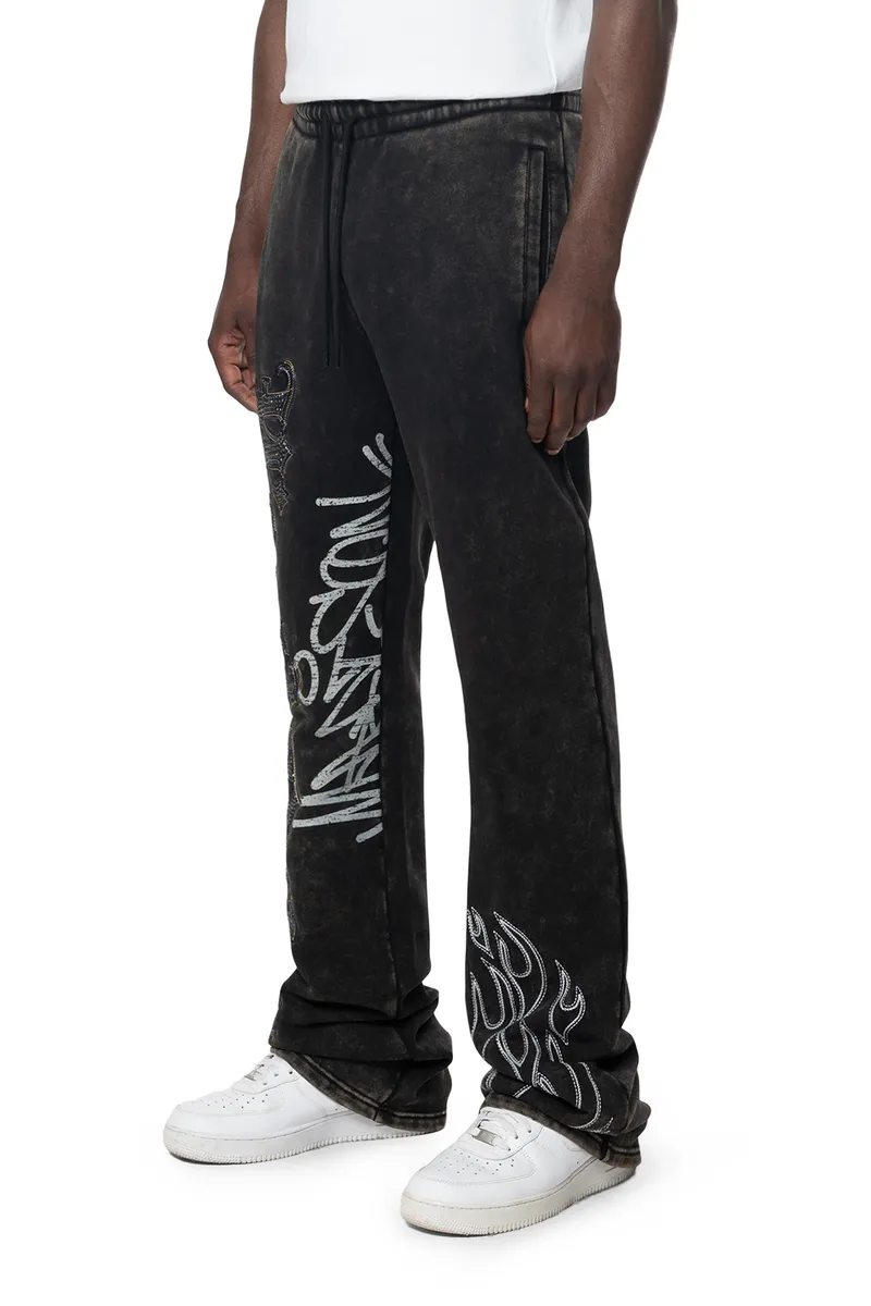 Smoke Rise - Rhinestone Dystopia Fleece Stacked Pants (Black)