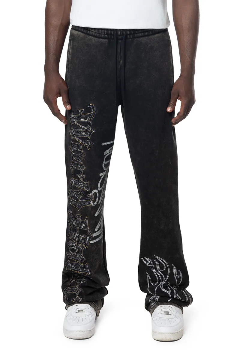 Smoke Rise - Rhinestone Dystopia Fleece Stacked Pants (Black)