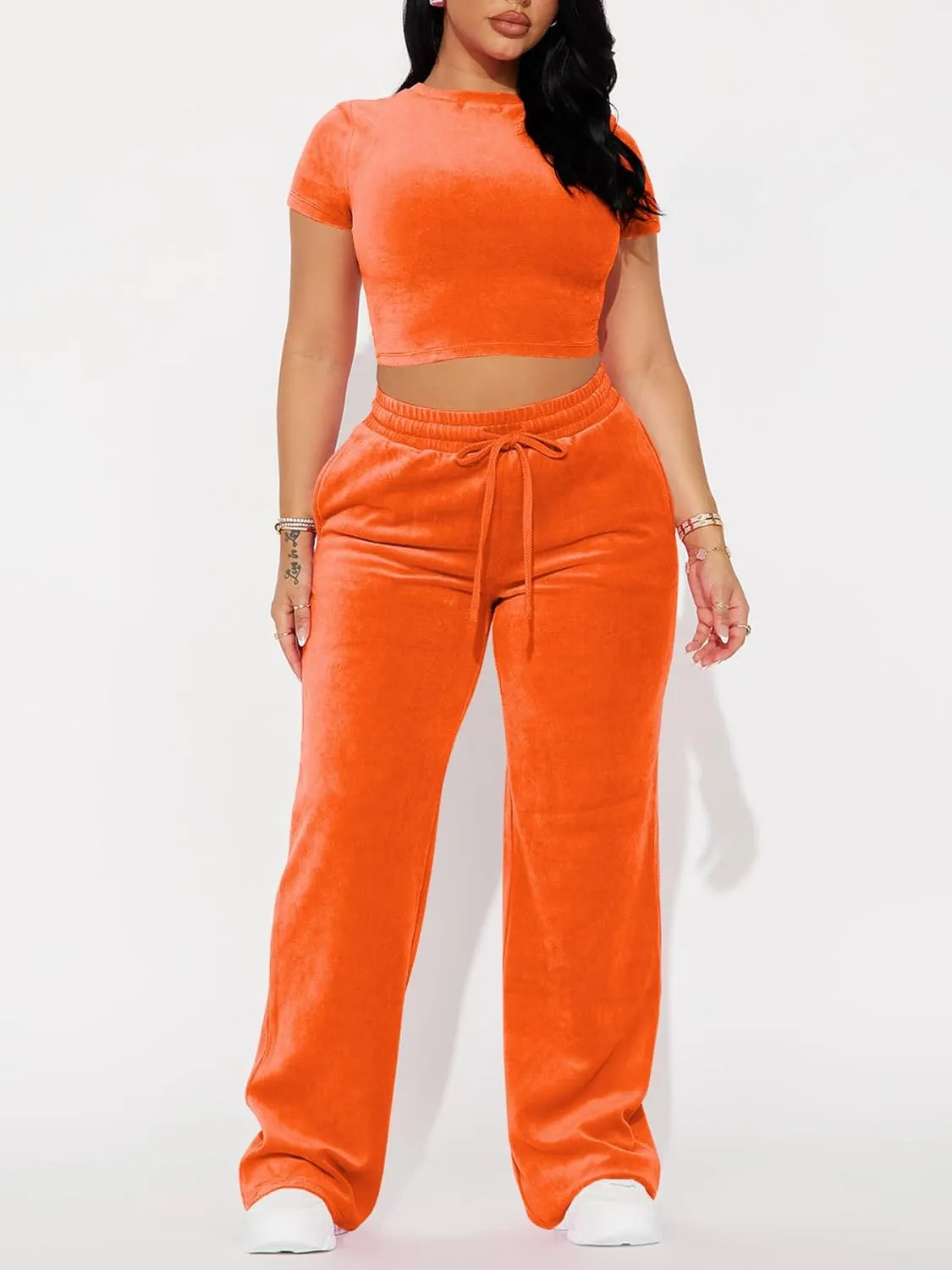 SMSN Women 2 Piece Outfits Velvet Sweatsuit Set Casual Short Sleeve Pullover Tops and Wide Leg Sweatpant Tracksuit Sets