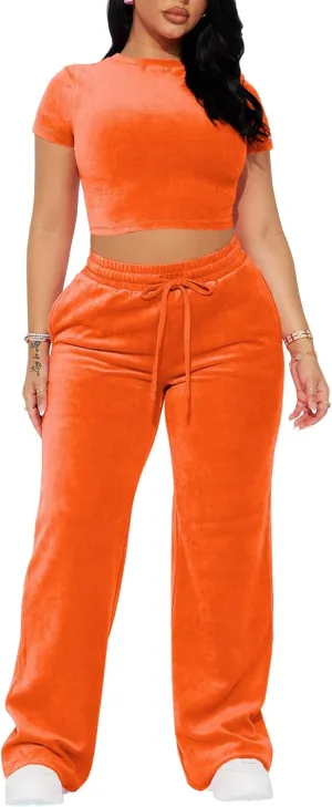 SMSN Women 2 Piece Outfits Velvet Sweatsuit Set Casual Short Sleeve Pullover Tops and Wide Leg Sweatpant Tracksuit Sets