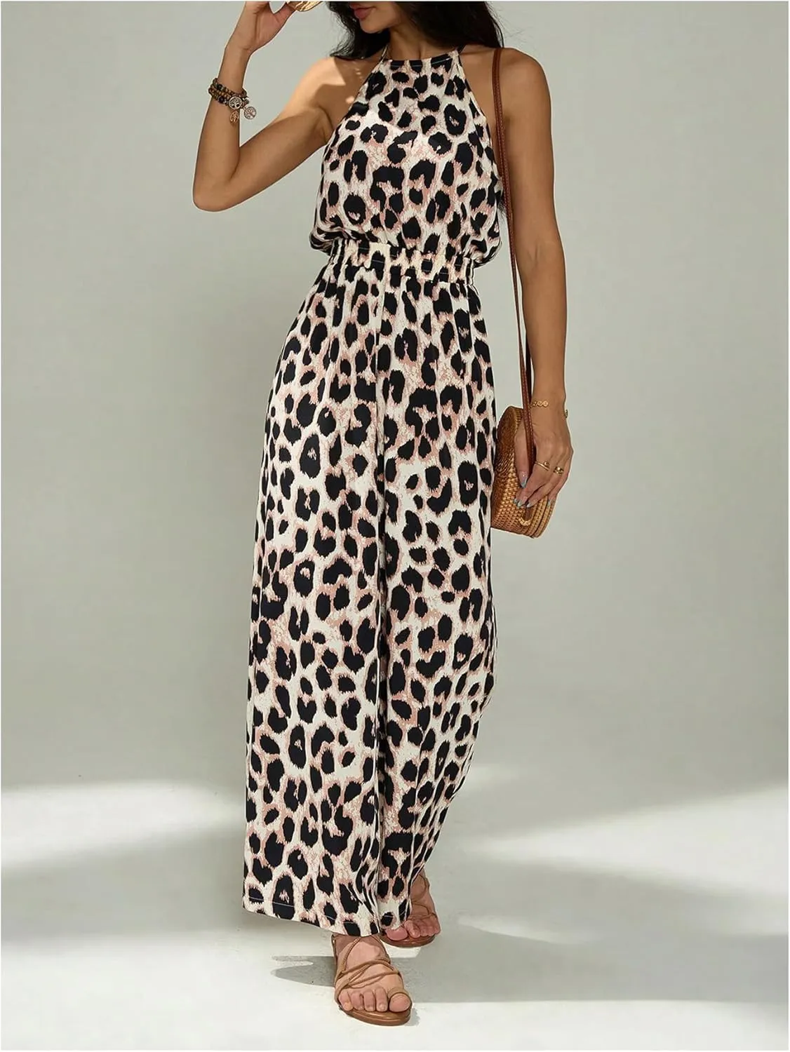 SOLY HUX Women's Leopard Print Sleeveless Halter Wide Leg Jumpsuits Summer Vacation Romper Pants