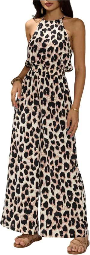 SOLY HUX Women's Leopard Print Sleeveless Halter Wide Leg Jumpsuits Summer Vacation Romper Pants