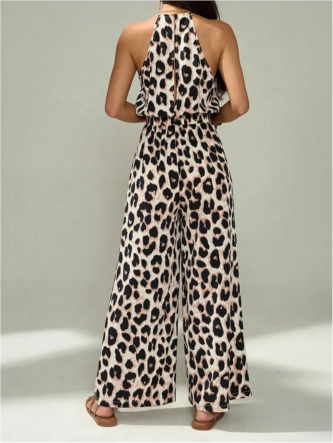 SOLY HUX Women's Leopard Print Sleeveless Halter Wide Leg Jumpsuits Summer Vacation Romper Pants