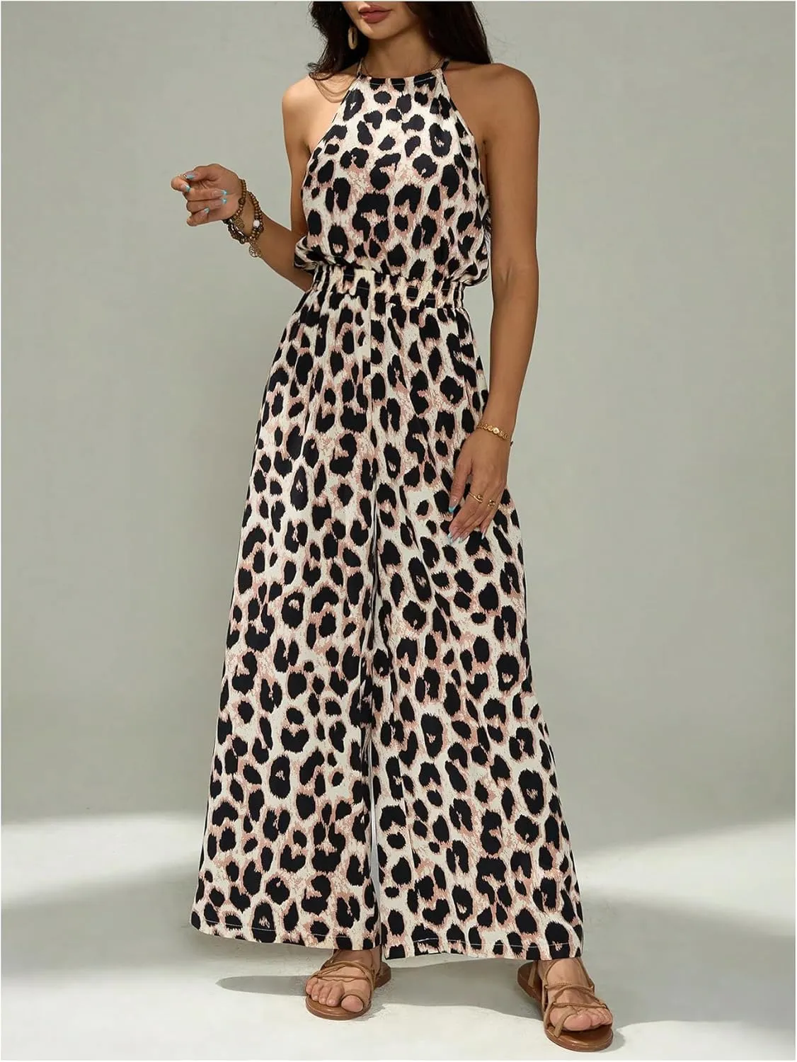 SOLY HUX Women's Leopard Print Sleeveless Halter Wide Leg Jumpsuits Summer Vacation Romper Pants