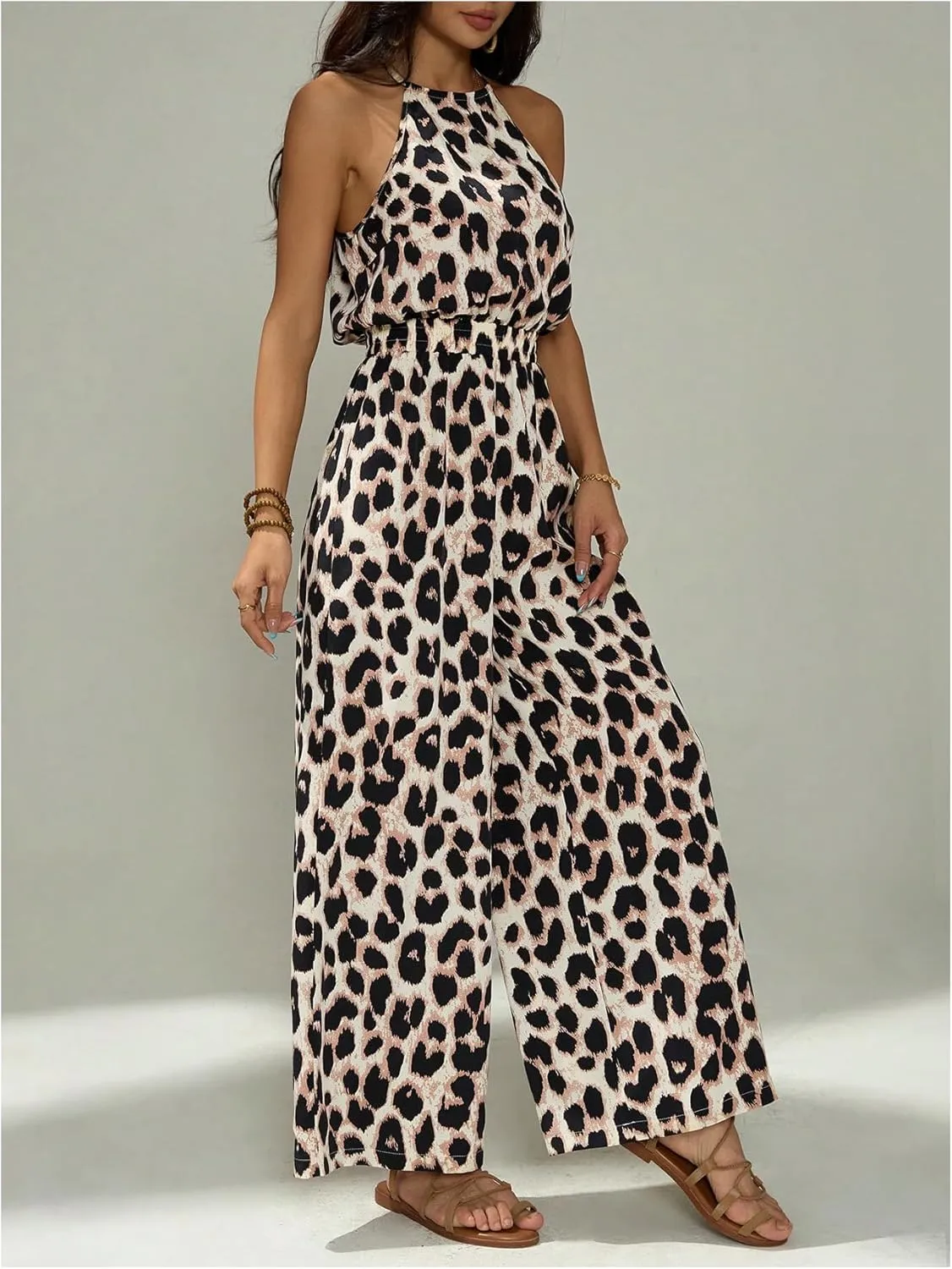 SOLY HUX Women's Leopard Print Sleeveless Halter Wide Leg Jumpsuits Summer Vacation Romper Pants