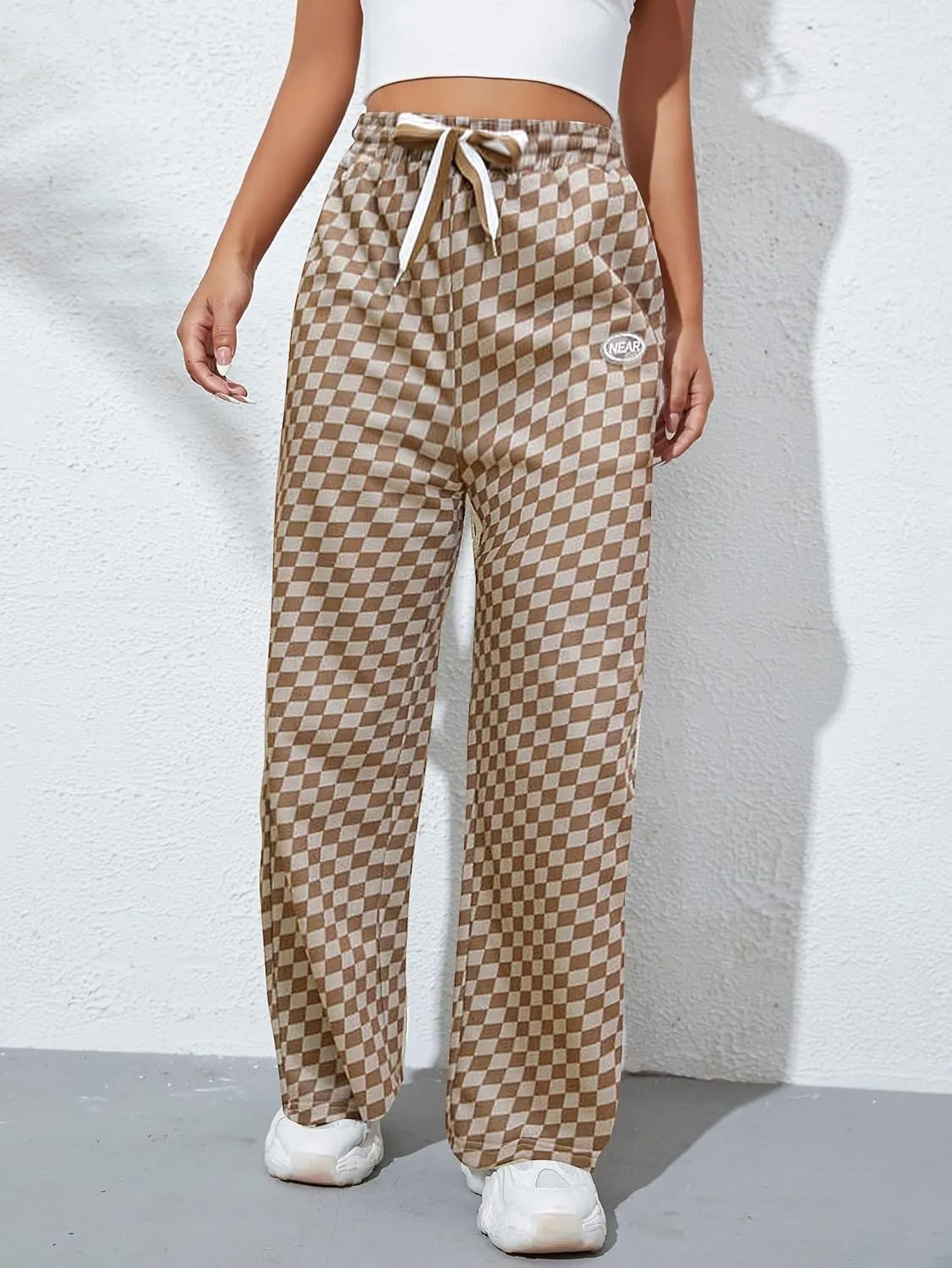SOLY HUX Women's Plaid Sweatpants Drawstring High Waisted Straight Leg Long Pants with Pockets