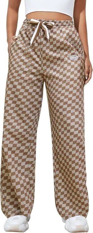 SOLY HUX Women's Plaid Sweatpants Drawstring High Waisted Straight Leg Long Pants with Pockets