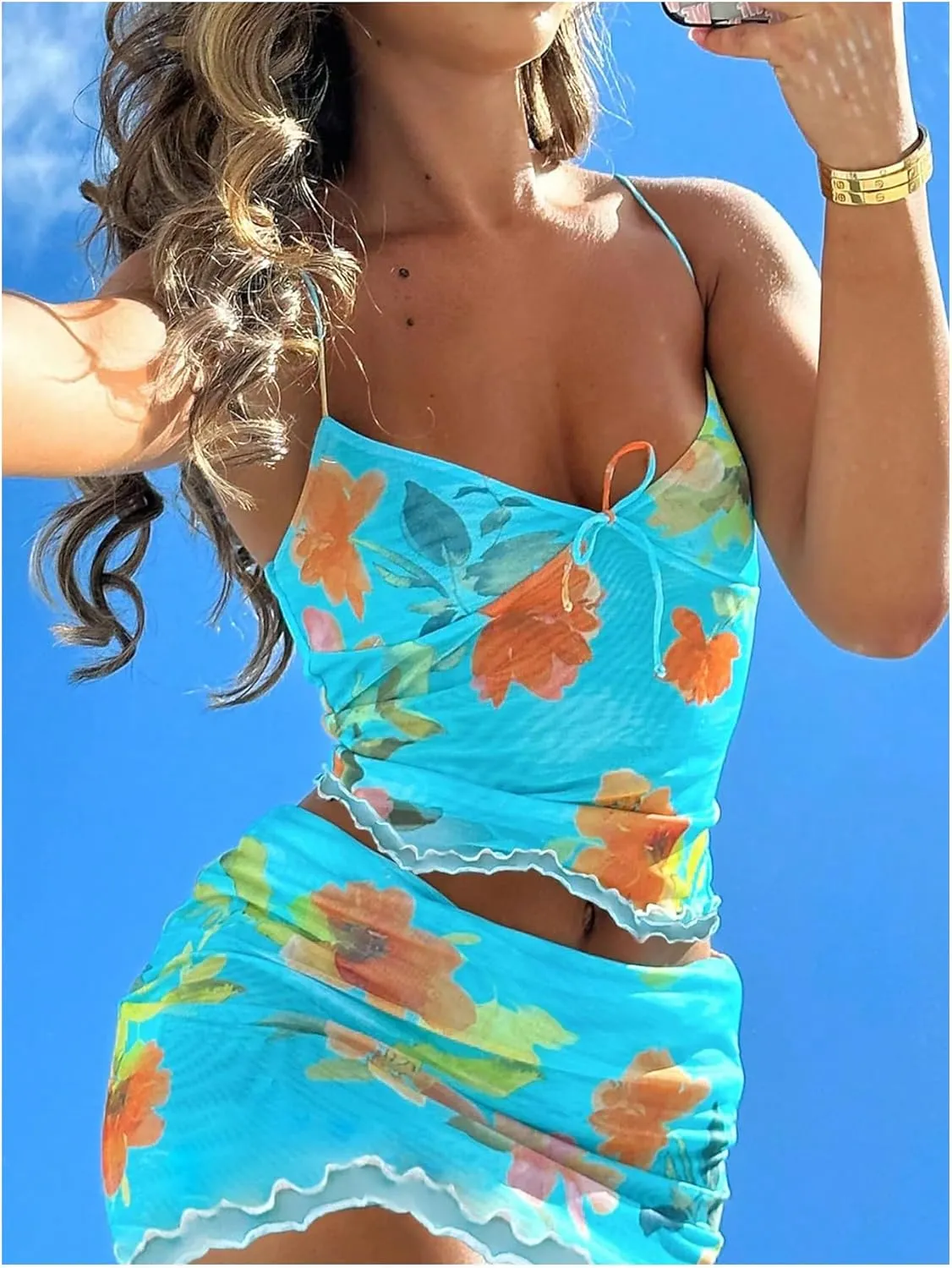 SOLY HUX Women's Summer Mesh Mini Skirt Sets 2 Piece Sexy Crop Camisole Tops Skirts Y2K Suit Going Out Outfits