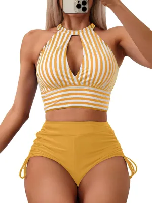 SOLY HUX Women's Tankini Set Striped Cut Out Tops and Drawstring Side Shorts Bikini Bathing Suits 2 Piece Swimsuit