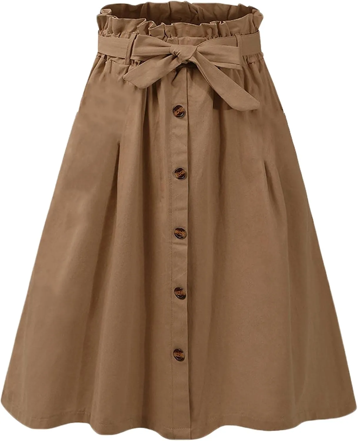 SOMTHRON Women's Casual Belted Button Down Midi Skirts High Waist A Line Knee Length Pleated Skirt