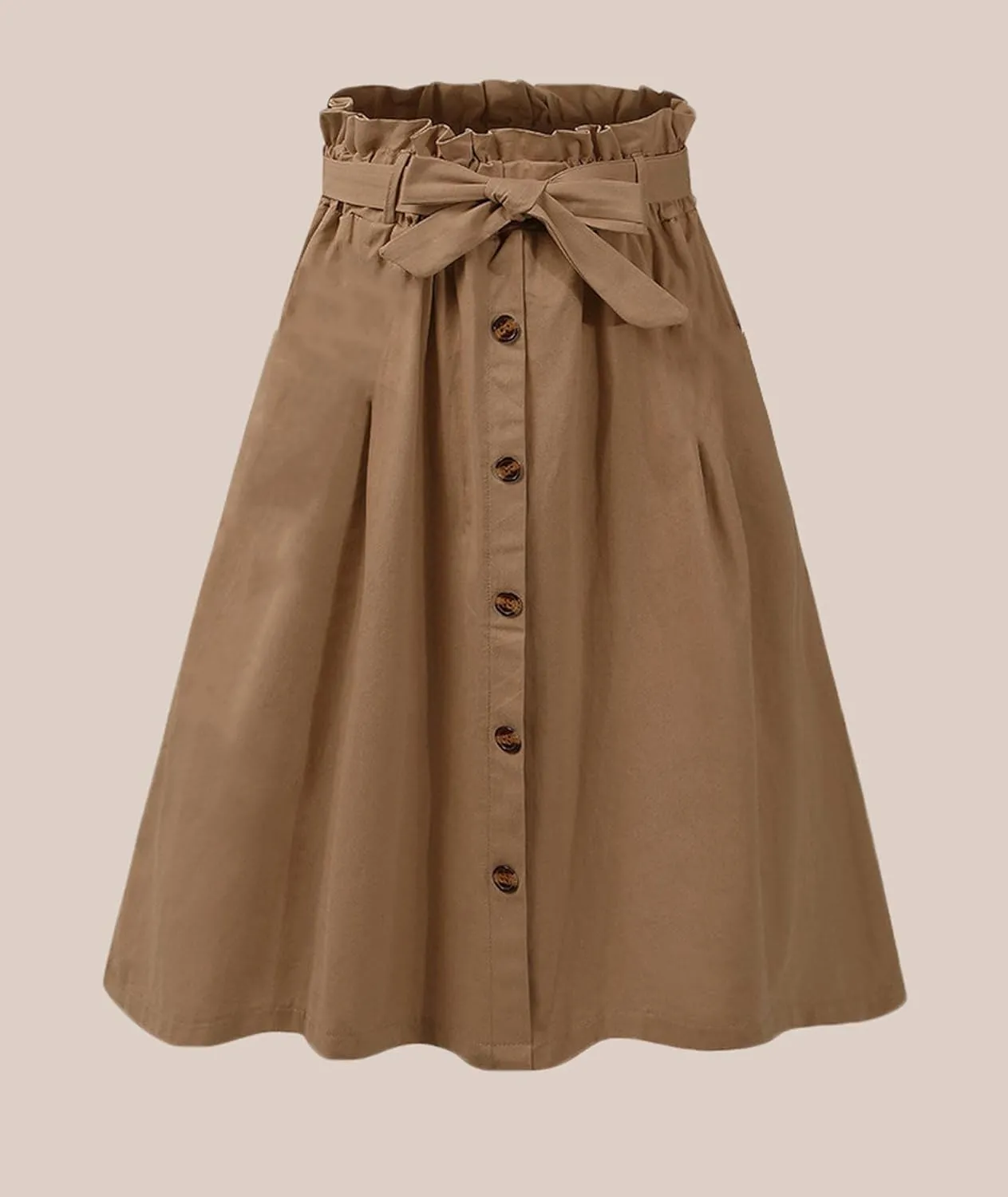 SOMTHRON Women's Casual Belted Button Down Midi Skirts High Waist A Line Knee Length Pleated Skirt