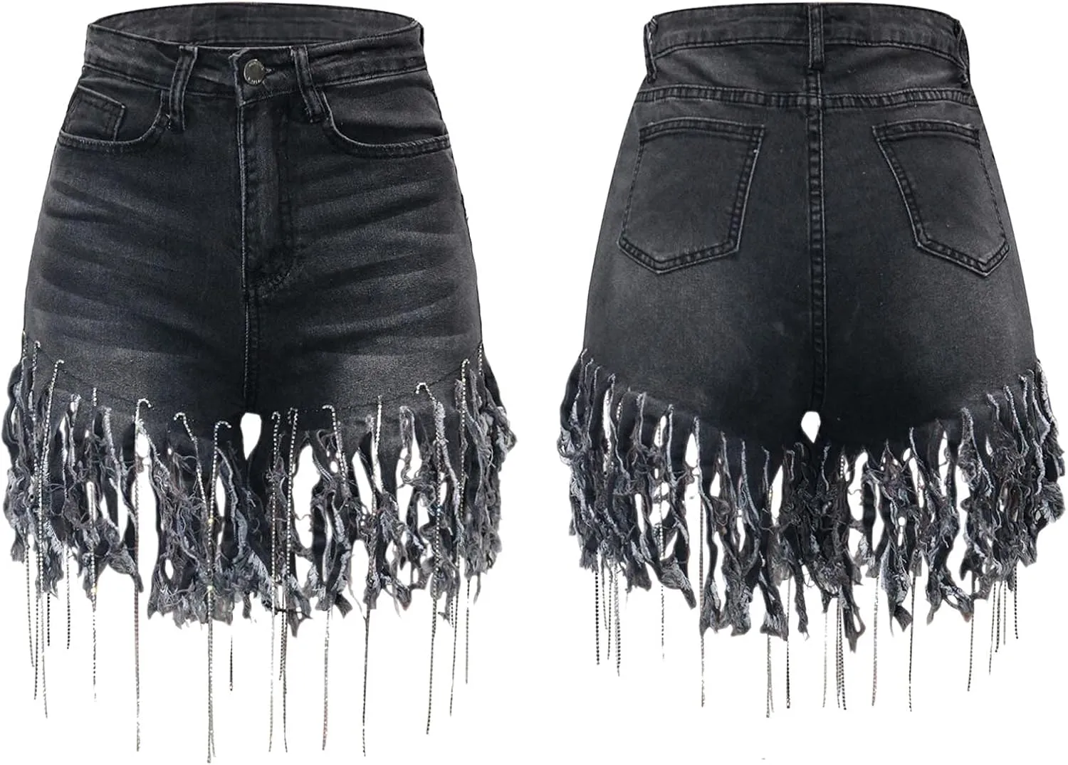 SOMTHRON Women's High Waisted Tassel Hot Denim Shorts Chain Fringed Short Jean Pants Sexy Party Clubwear