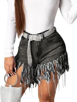 SOMTHRON Women's High Waisted Tassel Hot Denim Shorts Chain Fringed Short Jean Pants Sexy Party Clubwear