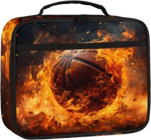 Sports Square Lunch Bag Basketball Fire and Water Flame Square Tote Lunch Bag Reusable Lunch Box Leakproof Cooler Bag