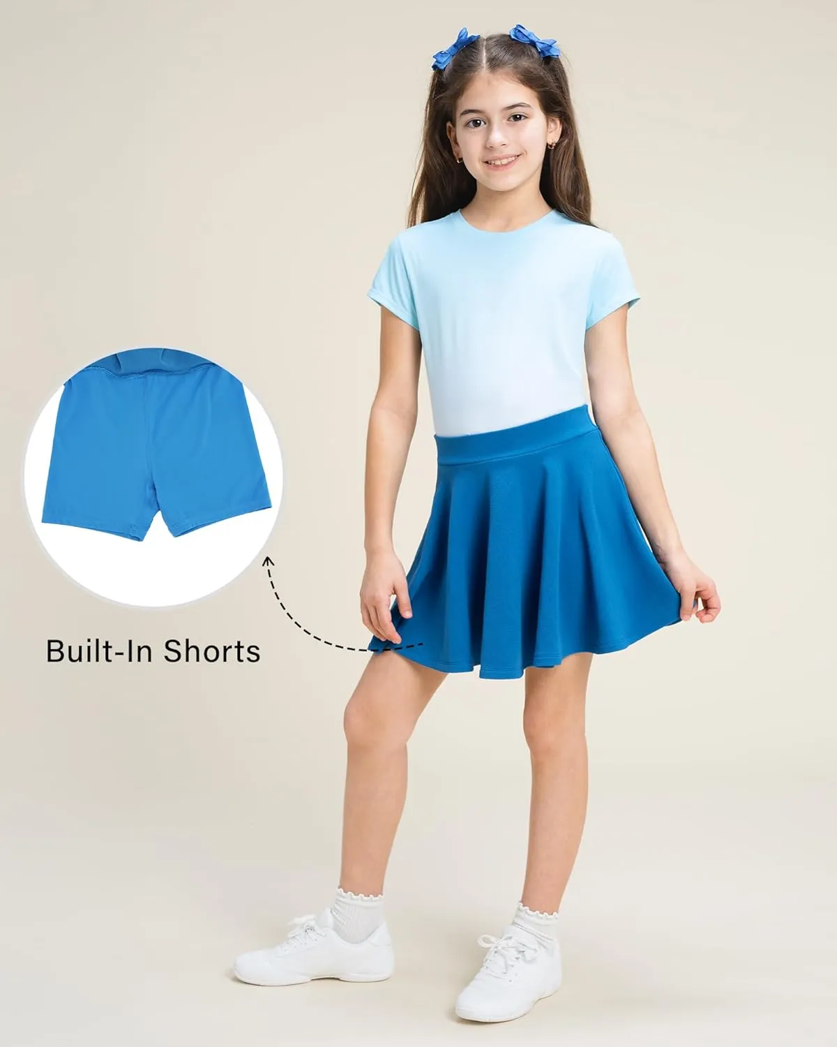 Stelle Girls Skirt Casual Flare Plain Pleated Stretch Waist Skater Skirts Uniform Skorts with Built in Shorts 5-15 Years