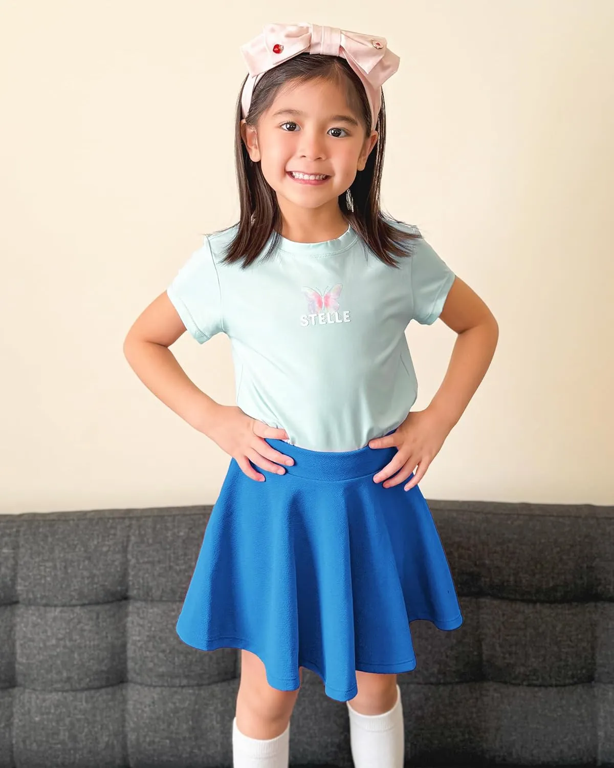 Stelle Girls Skirt Casual Flare Plain Pleated Stretch Waist Skater Skirts Uniform Skorts with Built in Shorts 5-15 Years