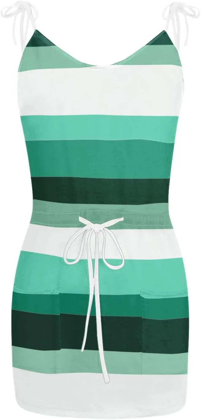 Striped Mini Dress for Women Casual V Neck Short Sleeve T Shirt Dresses Drawstring Waist Belted Dress with Pockets