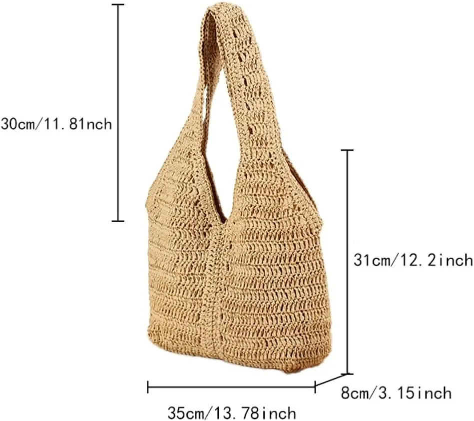 Summer Beach Straw Bag for Women Handmade Crochet Straw Shoulder Bag Purse Carryall Woven Hobo Bag Vacation