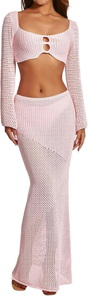 Summer Crochet 2 Piece Outfit for Women Sexy Hollow Out Long Sleeve Crop Top and Bodycon Maxi Skirt Set Streetwear