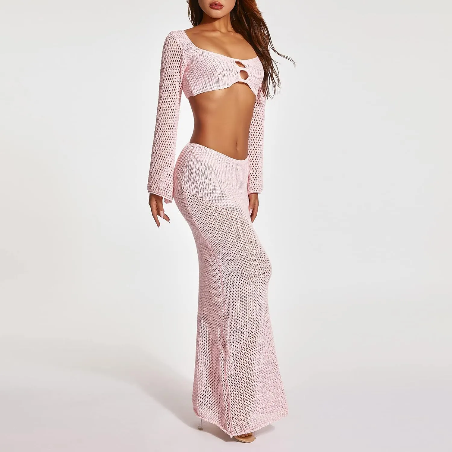 Summer Crochet 2 Piece Outfit for Women Sexy Hollow Out Long Sleeve Crop Top and Bodycon Maxi Skirt Set Streetwear