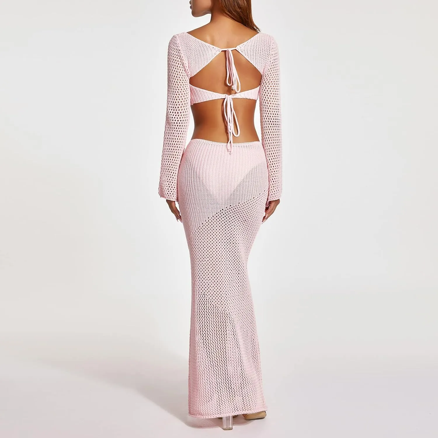 Summer Crochet 2 Piece Outfit for Women Sexy Hollow Out Long Sleeve Crop Top and Bodycon Maxi Skirt Set Streetwear