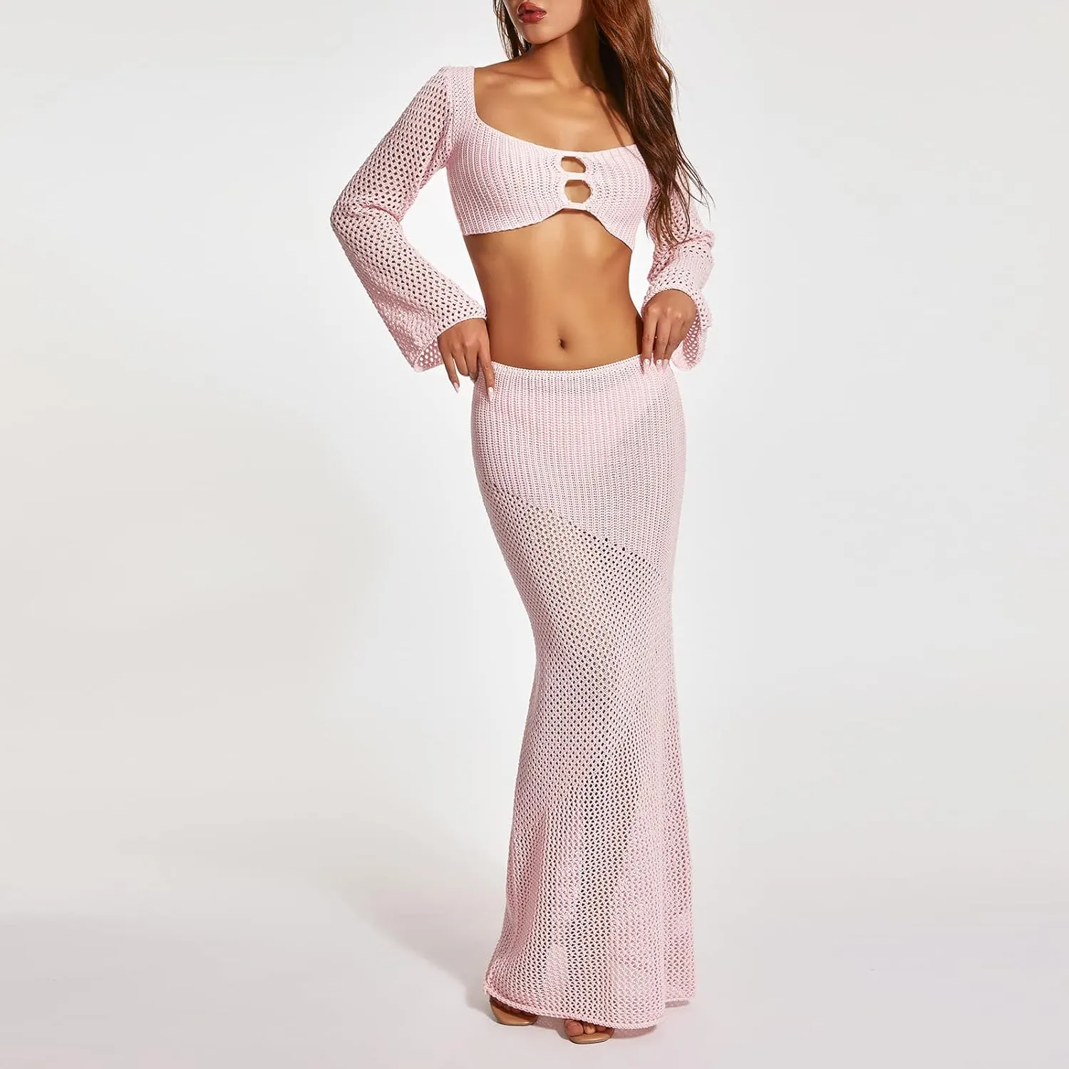 Summer Crochet 2 Piece Outfit for Women Sexy Hollow Out Long Sleeve Crop Top and Bodycon Maxi Skirt Set Streetwear
